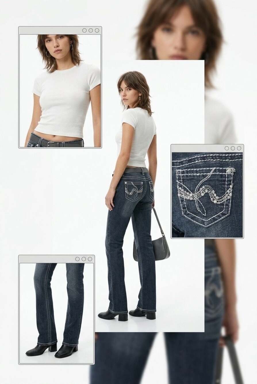 Miss Chic Rhinestone Embroidered Pocket Mid-Rise Bootcut Jeans #B08